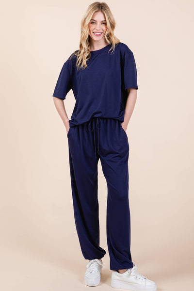 Plus Size Solid  Casual Loungewear Set: Navy Blue / 2XL