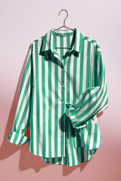 Oversized Stripe Button Down Collared Shirt: GREEN / S-2/M-2/L-2 - Lulu Bella Boutique