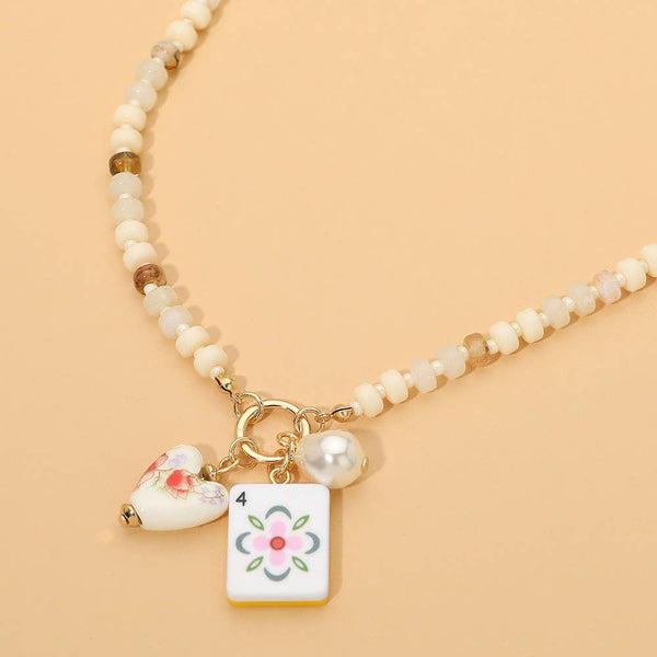 Mahjong Tile Charm Pearl Floral Bead Ball Charm Pendant Beaded Necklace: Blue,Gold