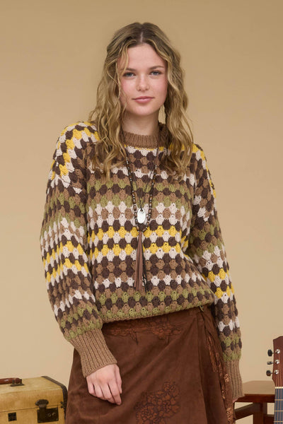 MULTICOLOR KNIT CREWNECK PULLOVER SWEATER: BROWN MULTI - Lulu Bella Boutique