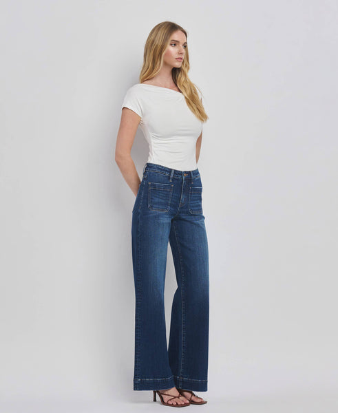 HIGH RISE PATCH POCKET TROUSER  HEM WIDE JEANS F5764D: DARK DENIM / 24 - Lulu Bella Boutique