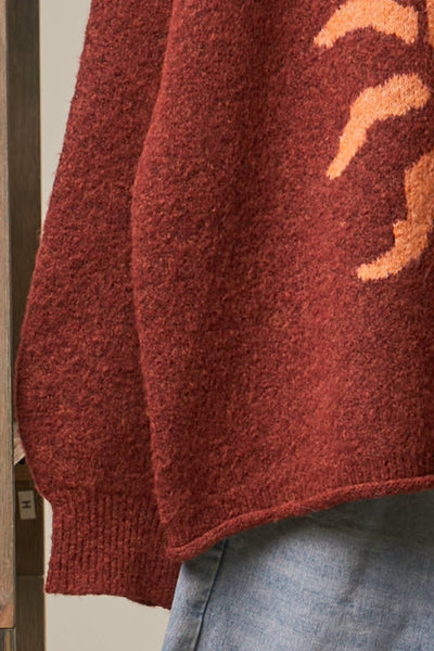 Spiral Sun Embroidered Sweater: Brick