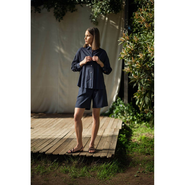 LINEN DROP SHOULDER SHIRT: Navy / S-M-L(2-2-2) - Lulu Bella Boutique