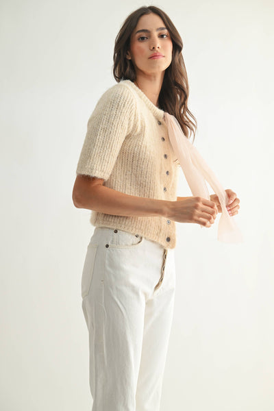 KNIT CARDIGAN WITH CHIFFON BOW - SAND