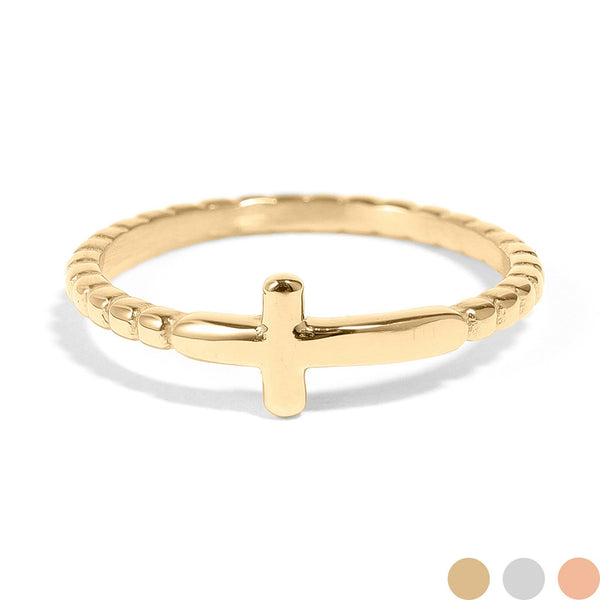 Stainless Steel Beaded Stackable Cross Ring: Stainless / 9