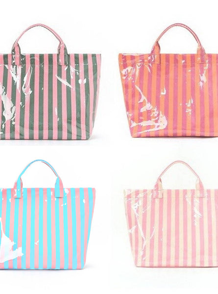 Large Striped Vinyl Tote Bags | 40P595: PINK GREEN - Lulu Bella Boutique