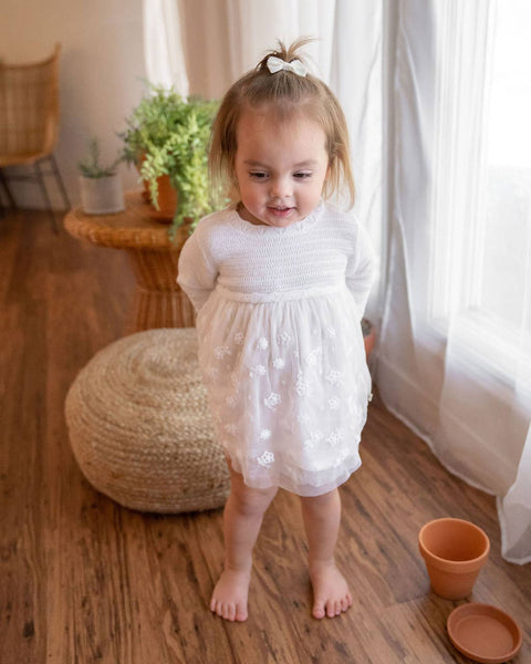 Milan White Floral Embroidered Tutu Knit Baby Dress Organic: Pure White
