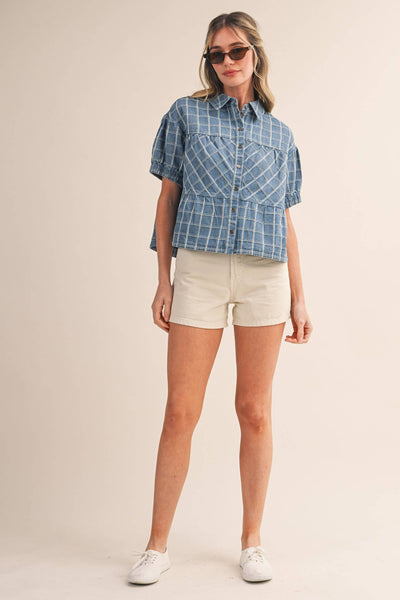 CHECKERED DENIM BUTTON DOWN TOP MTP4657: LIGHT DENIMBLUE / S - Lulu Bella Boutique