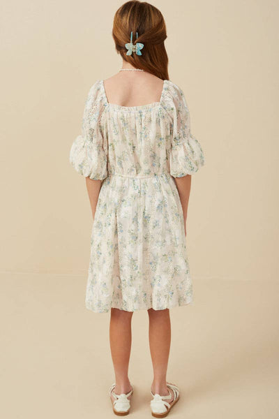 Girls Floral Printed Mesh Puff Sleeve Dress: Cream