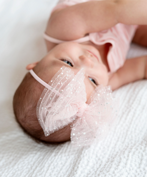 Baby Bling® Tulle FAB® Skinny nylon headband with tulle bow: Pleated Rose Quartz - Lulu Bella Boutique