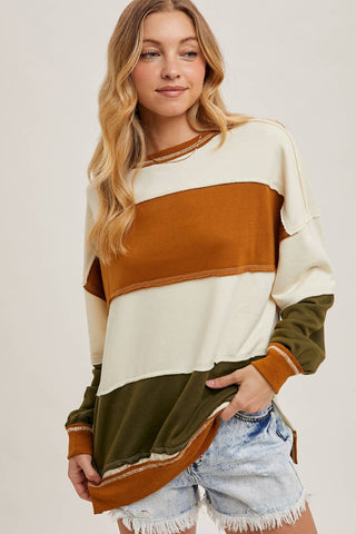 COLOR BLOCK KNIT SWEATSHIRT PULLOVER: CAMEL/OLIVE / L