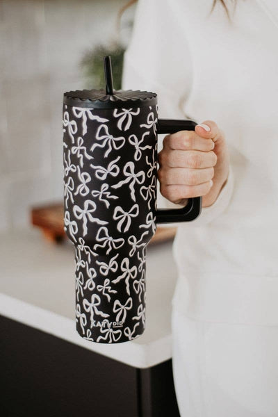 Black & White Bows All Over 38 Oz Drink Tumbler: Black - Lulu Bella Boutique