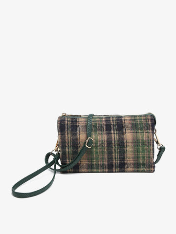 M013PLD Riley Plaid Monogrammable 3 Compartment Crossbody/Wristlet: Olive - Lulu Bella Boutique