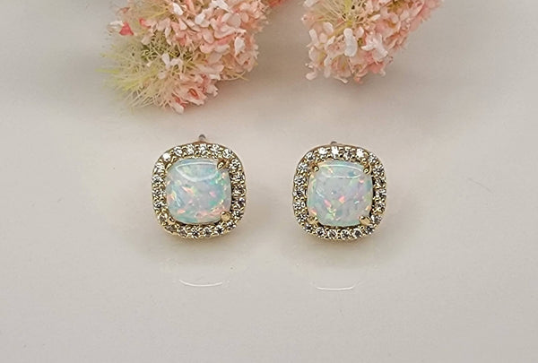 LAB GROWN OPAL STUD EARRINGS.: WHITE OPAL/GOLD / Medium - Lulu Bella Boutique