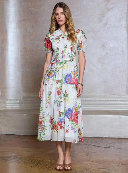 Floral Printed Smocked Midi Dress: Multi / XS - Lulu Bella Boutique