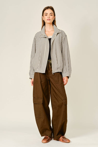 PLAID FUNNEL NECK BOMBER JACKET: ECRU/BLACK