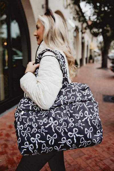 Black & White Bows All Over Weekender Bag: Black - Lulu Bella Boutique