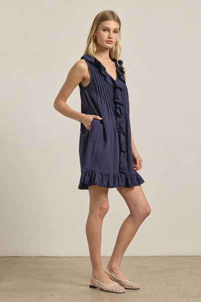 Ruffle Trim Pintuck Dress with Slip Lining - RD1276: NAVY / S-M-L (3-2-1) - Lulu Bella Boutique