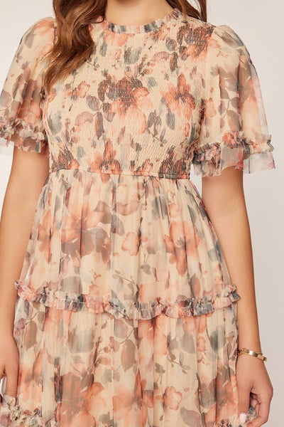 Floral Mesh Tiered Midi Dress: Ivory/Red/Charcoal