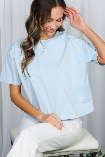 Floral Embroidered Crew Neck 100% Cotton Knit Top VT82319: Blue / S - Lulu Bella Boutique