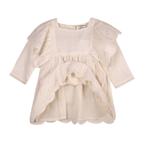 Schiffli Lace Collar Baby Girl Dress & Bloomer (Organic): Natural