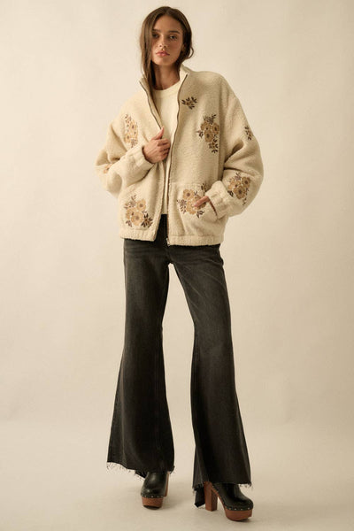 Floral-Embroidered Sherpa Fleece Zip-Up Jacket: Cream
