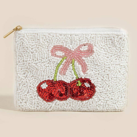 Cherry And Ribbon Bow Seed Beaded Coin Purse: MULTI