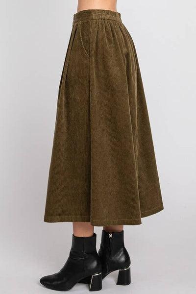 SOLID CORDUROY MIDI SKIRT W/ PLEATED DETAILS: OLIVE