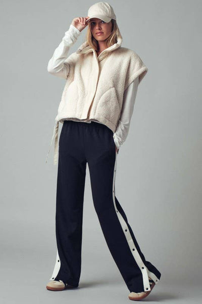 Snap Button Contrast Stripe Track Pants: BLACK