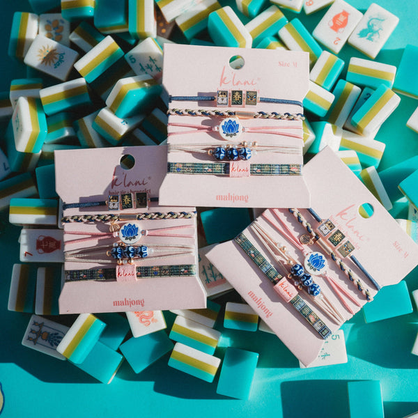 "Mahjong" Themed in Pink, Green & Blue with Lotus & Tile Accent Hair Tie Bracelets: Medium