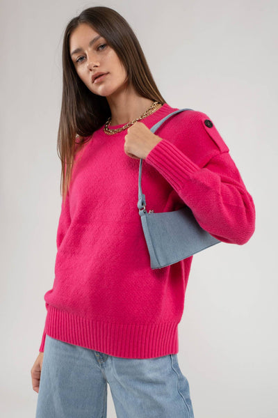 BUTTON TAB SHOULDER PULLOVER SWEATER: FUCHSIA