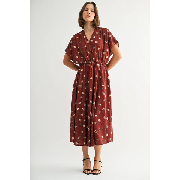FLOWER PRINTED CRINKLE SATIN DRESS: Rust