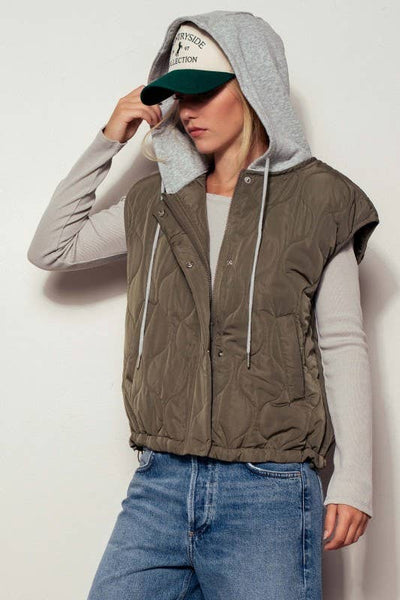 Quilted Western Hooded Vest : OLIVE