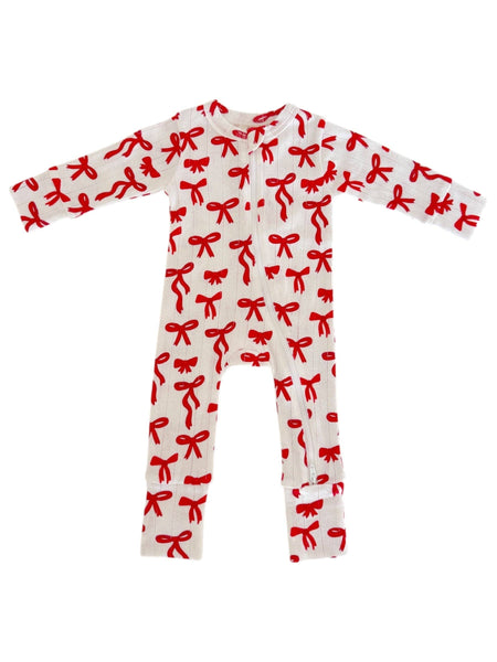 Red Bows / Organic Pointelle 2-Way Zip Romper: 3 - 6 mo.