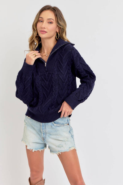 CABLE KNIT ZIPPER FRONT SWEATER: NAVY / Contemporary / M