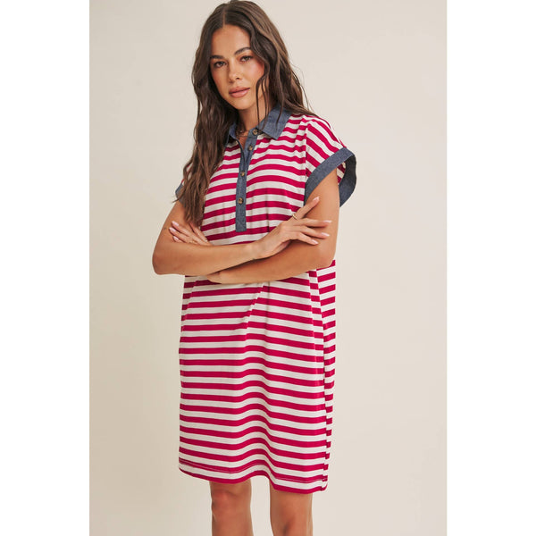 YACHT CLUB RELAXED FIT CASUAL STRIPE POLO MINI DRESS: BURGUNDY/CREAM