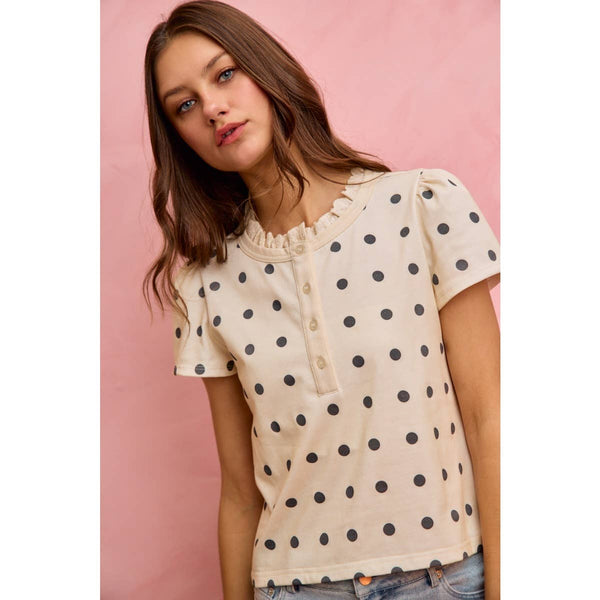 POLK-A-DOT KNIT LACE TRIM ON NECKLINE SHORT TOP: OFF WHITE/BLACK / S - Lulu Bella Boutique