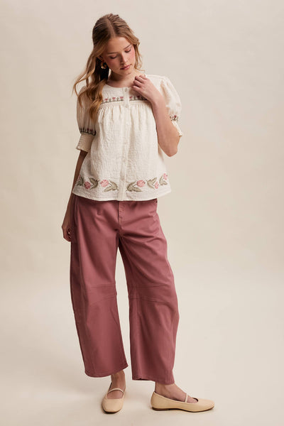 Embroidered Textured Puff-Sleeve Blouse LT1463: Off-White / Contemporary / S - Lulu Bella Boutique