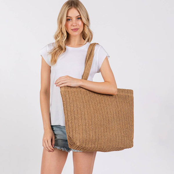 Solid Crochet Straw Tote Bag / Beach Bag
: Beige - Lulu Bella Boutique