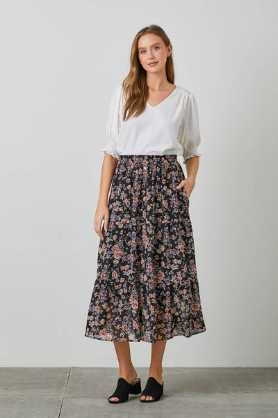 FLORAL PRINT BUTTON FRONT SKIRT: BLACK MULTI - Lulu Bella Boutique