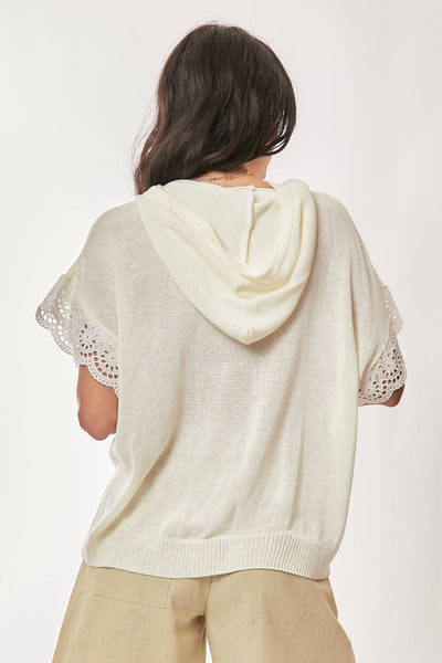 AMERICAN FLAG LOOSE FIT LACE SLEEVE HOODIE TOP: IVORY WHITE / M - Lulu Bella Boutique