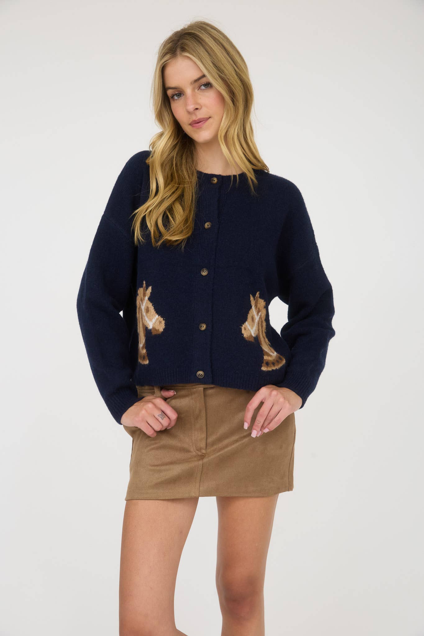 HORSE JACQUARD LONG SLEEVE BUTTON DOWN CARDIGAN: NAVY - Lulu Bella Boutique