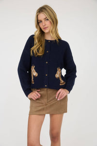 HORSE JACQUARD LONG SLEEVE BUTTON DOWN CARDIGAN: NAVY - Lulu Bella Boutique