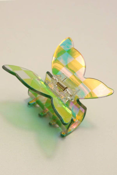 CHECKER BUTTERFLY HOLOGREAPHIC HAIR CLAW CLIPS | 40H776: FUCHSIA - Lulu Bella Boutique