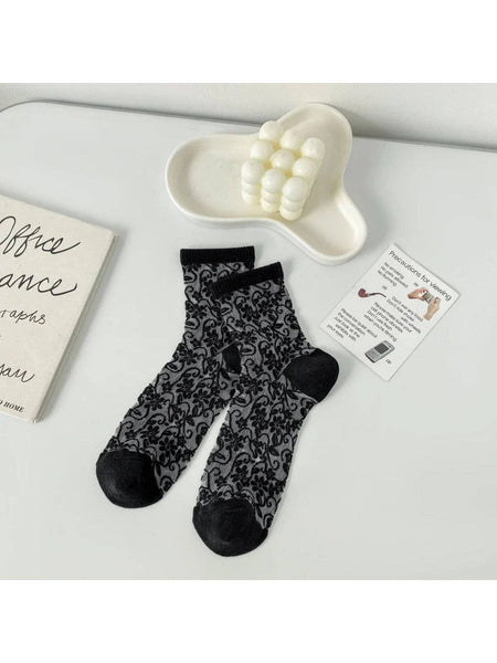 Vintage Floral Sheer Crew Socks: Black