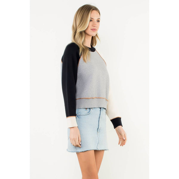 Colorblock Long Sleeve Knit Top: GRAY / XS-S-M-L(1-2-2-1) - Lulu Bella Boutique
