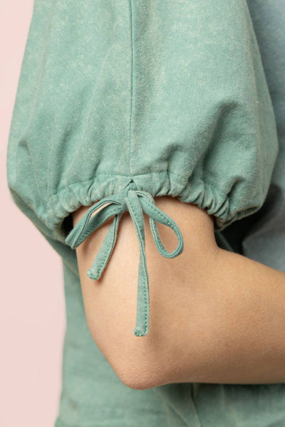 NT12567-Mineral Washed Sleeve Tie Detail Knit Top: SAGE / S-M-L/2-2-2 - Lulu Bella Boutique