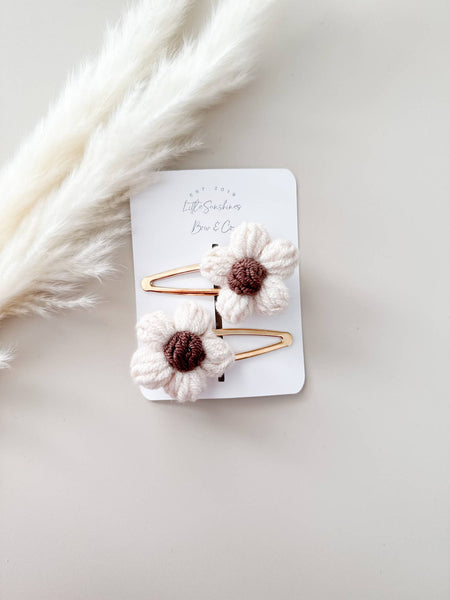 Crochet Flowers Hair Clips & Headbands: Tan & Brown Flower / Pigtail Set - Lulu Bella Boutique