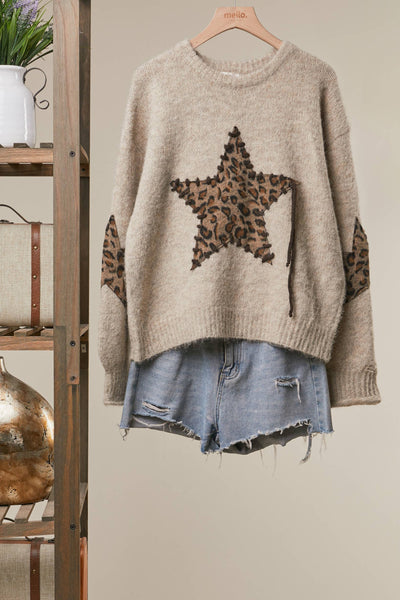 Bold Star Detail Knit Sweater: Coffee