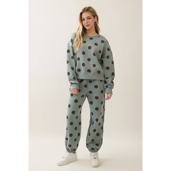 Polka Dot Crew Neck Sweatshirt: Sage/Brown
